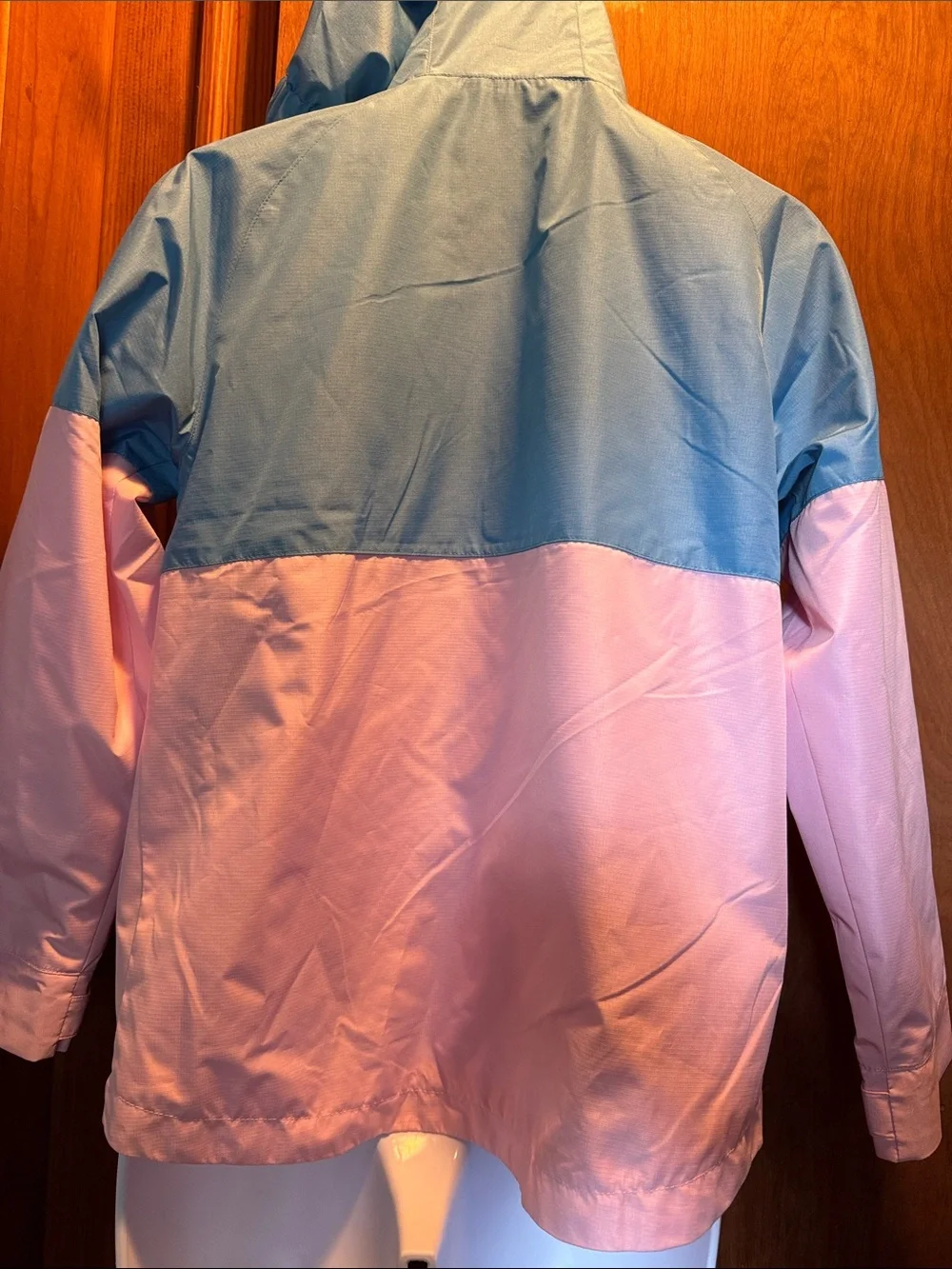 Eddie Bauer Two-Tone Hooded Rain Jacket in Light Blue and Pink